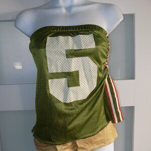 Olive Green Strapless Mesh Crop Top with Number Graphic